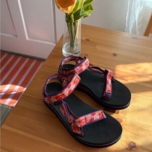 Teva Women's Sandals with Purple and Orange Patterned Straps